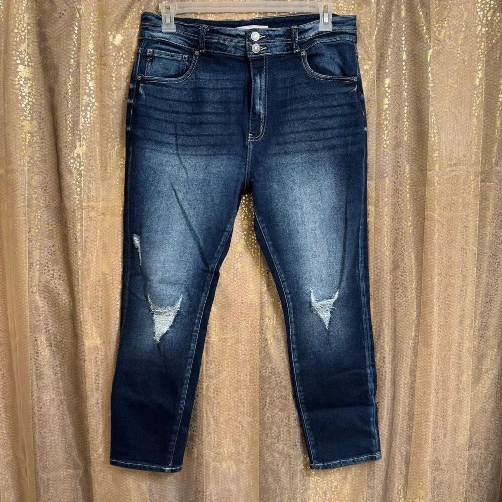 KanCan Dark Wash Distressed Faded High Rise Stretchy Cropped Jeans 14/32